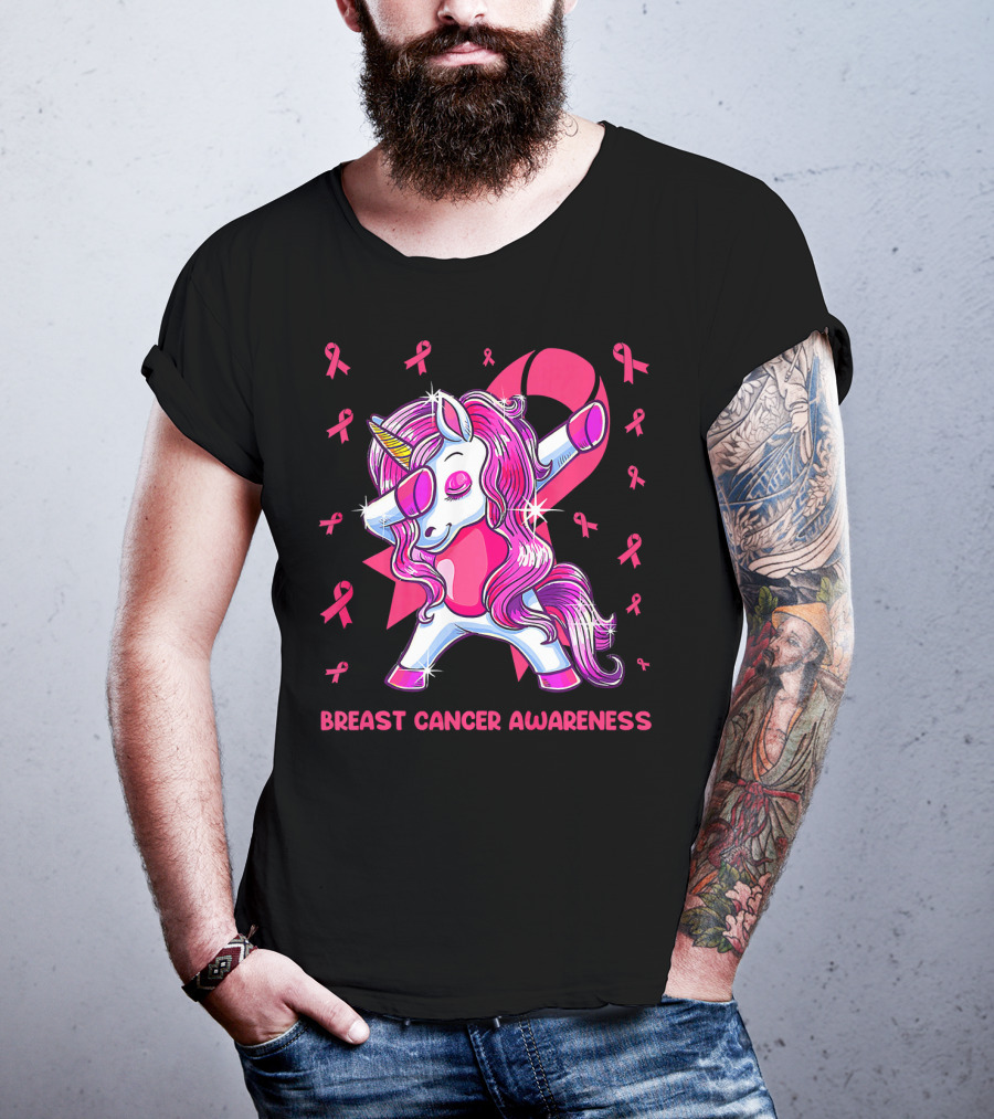 Breast Cancer Awareness Dabbing Unicorn Pink T-Shirt