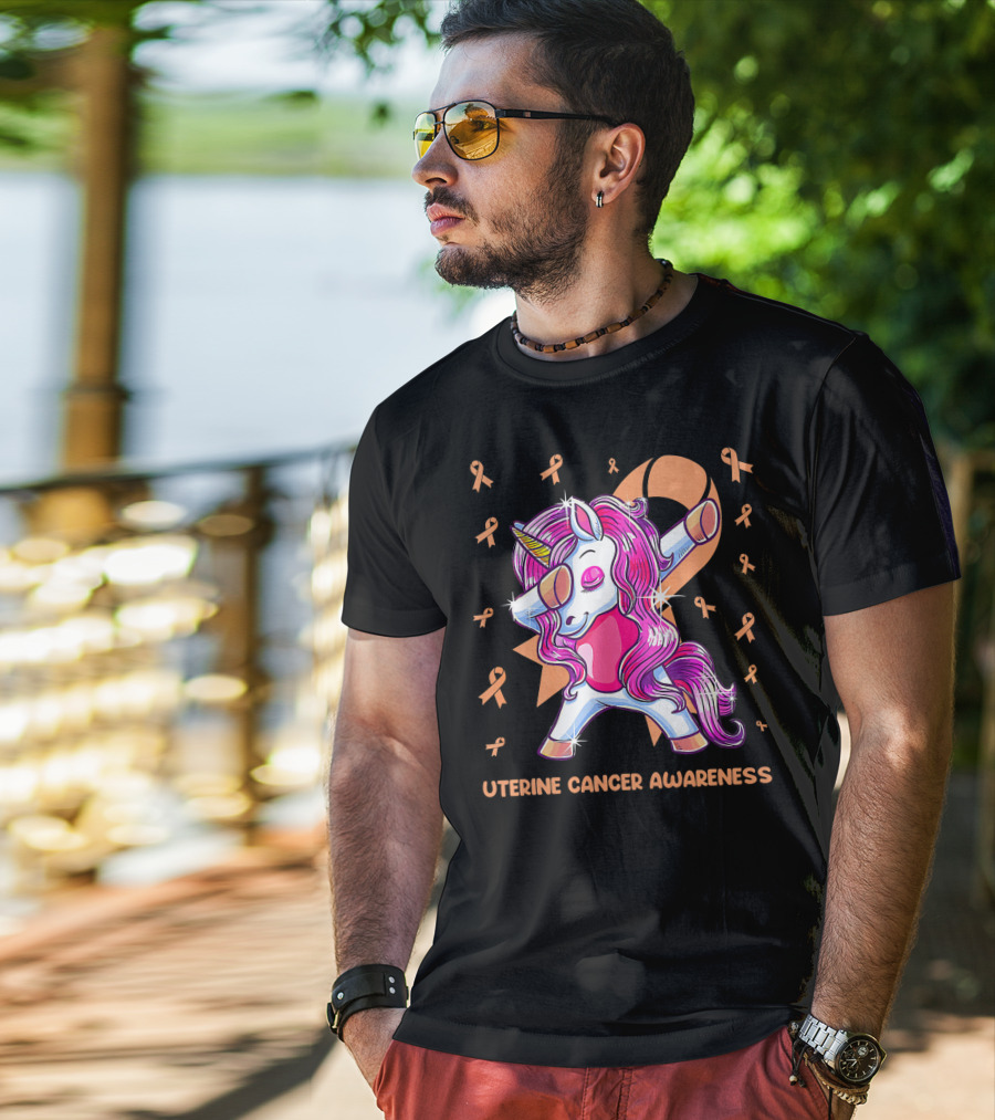 Dabbing Unicorn With Pink Ribbon For Uterine Cancer Awareness T-Shirt