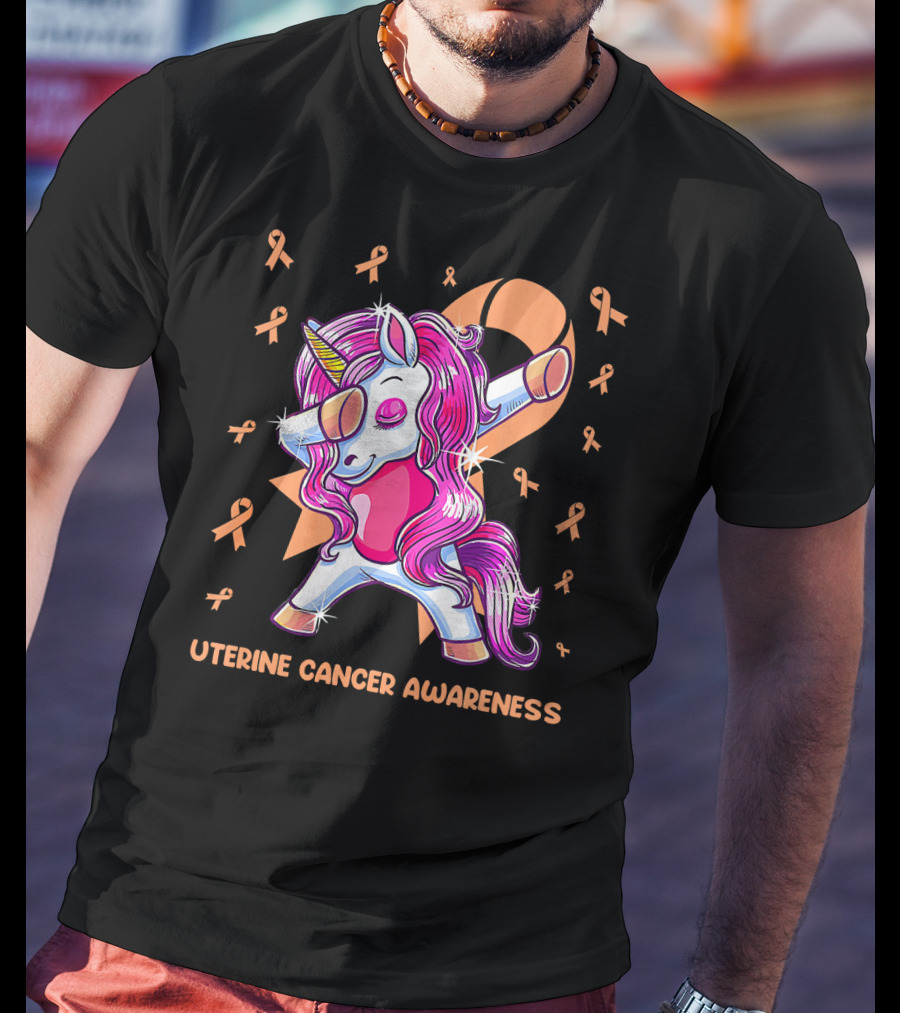 Dabbing Unicorn With Pink Ribbon For Uterine Cancer Awareness T-Shirt