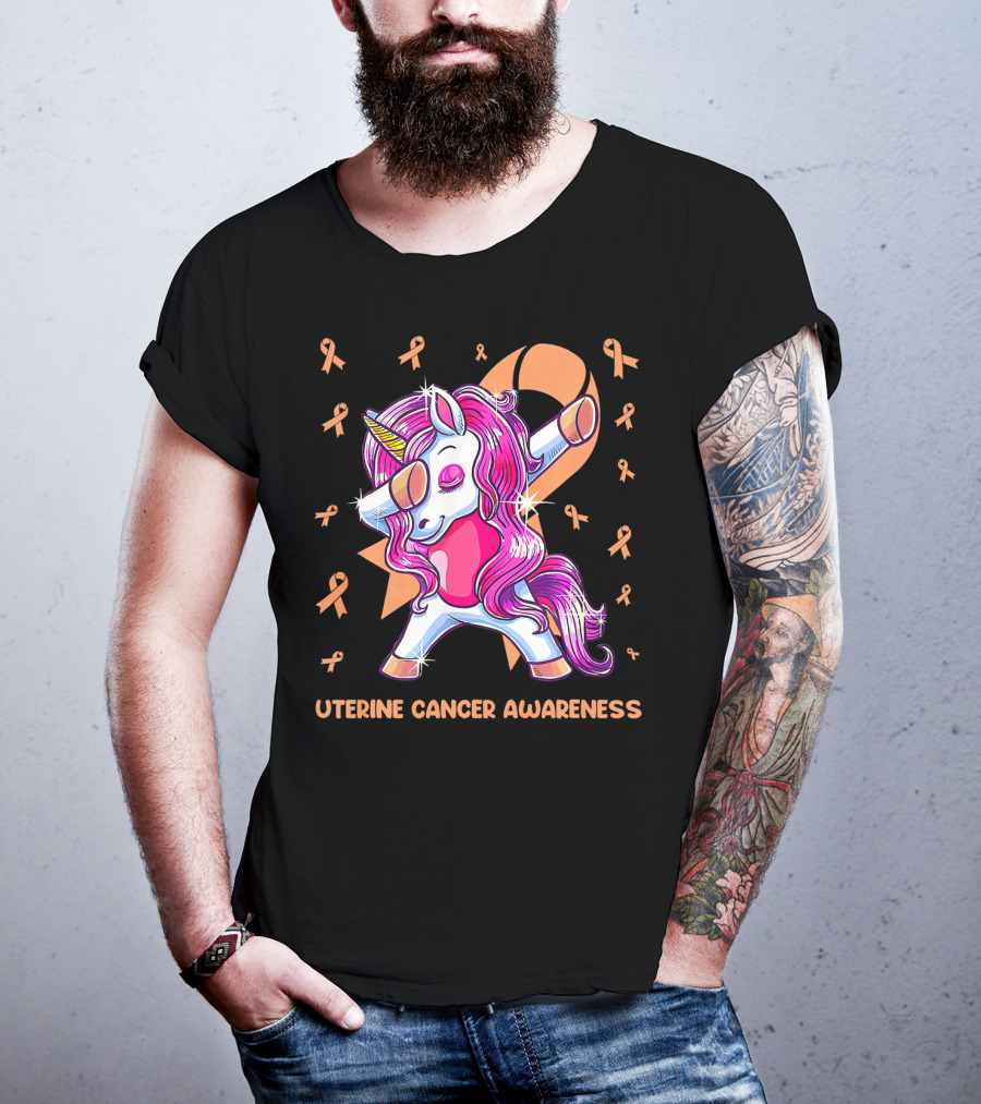 Dabbing Unicorn With Pink Ribbon For Uterine Cancer Awareness T-Shirt