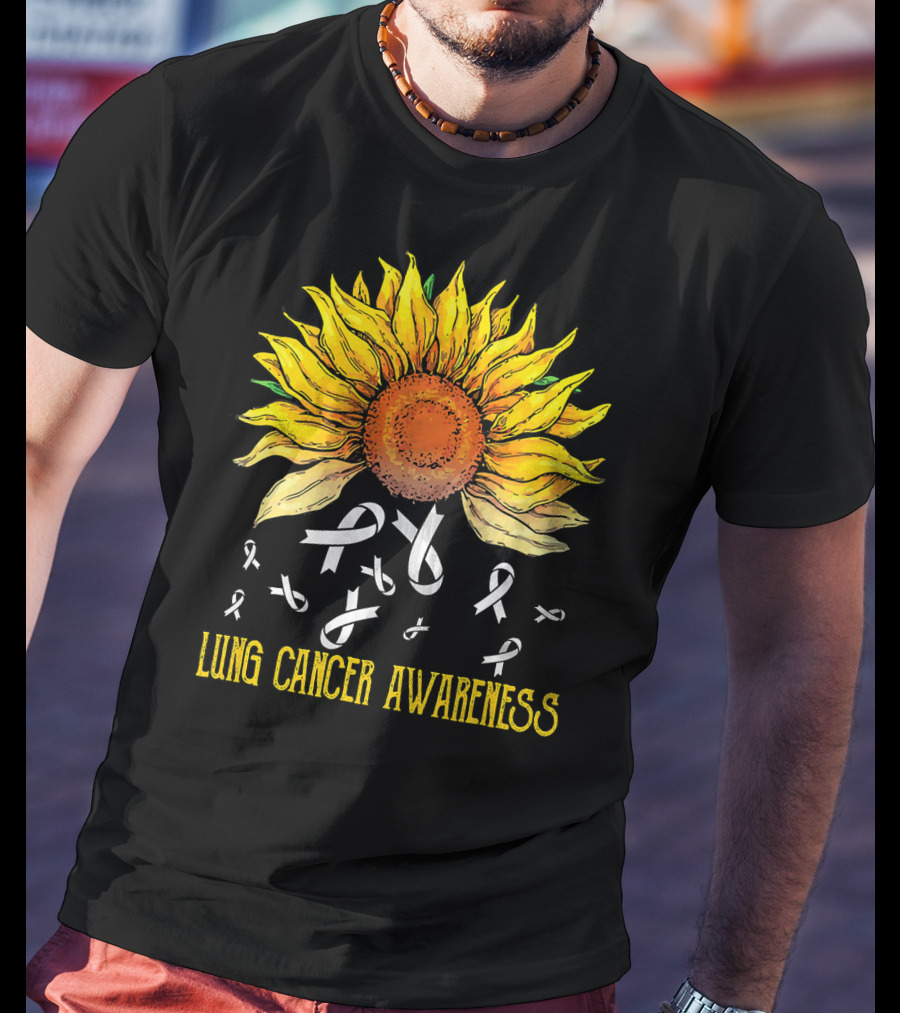 Lung Cancer Awareness Sunflower With White Ribbons T-Shirt