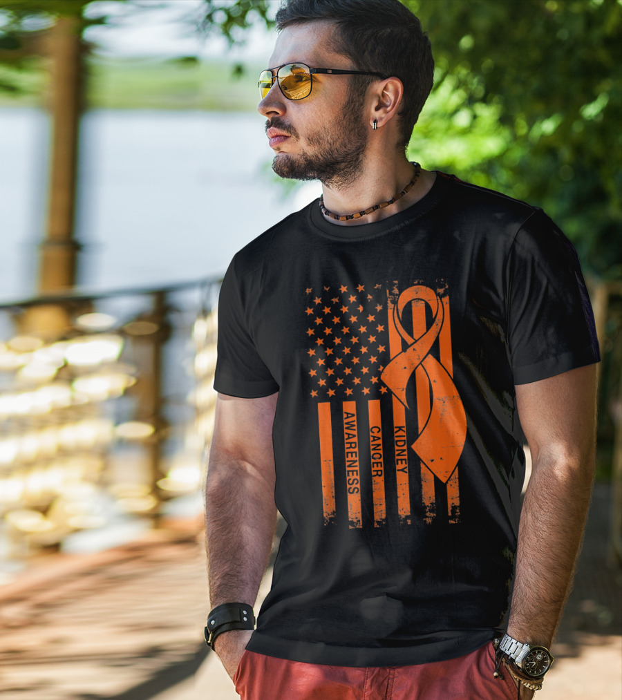 Kidney Cancer Awareness Orange Ribbon American Flag T-Shirt