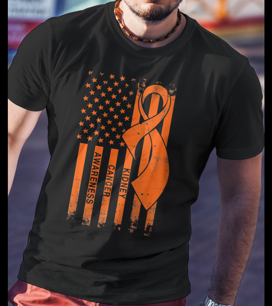 Kidney Cancer Awareness Orange Ribbon American Flag T-Shirt