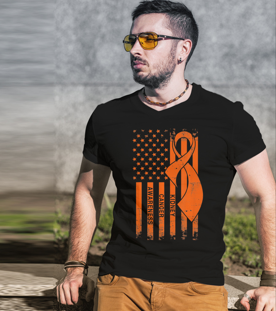 Kidney Cancer Awareness Orange Ribbon American Flag T-Shirt