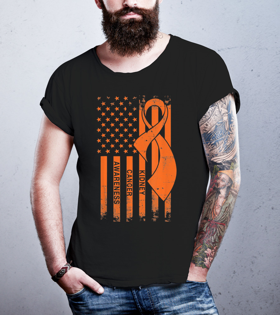 Kidney Cancer Awareness Orange Ribbon American Flag T-Shirt