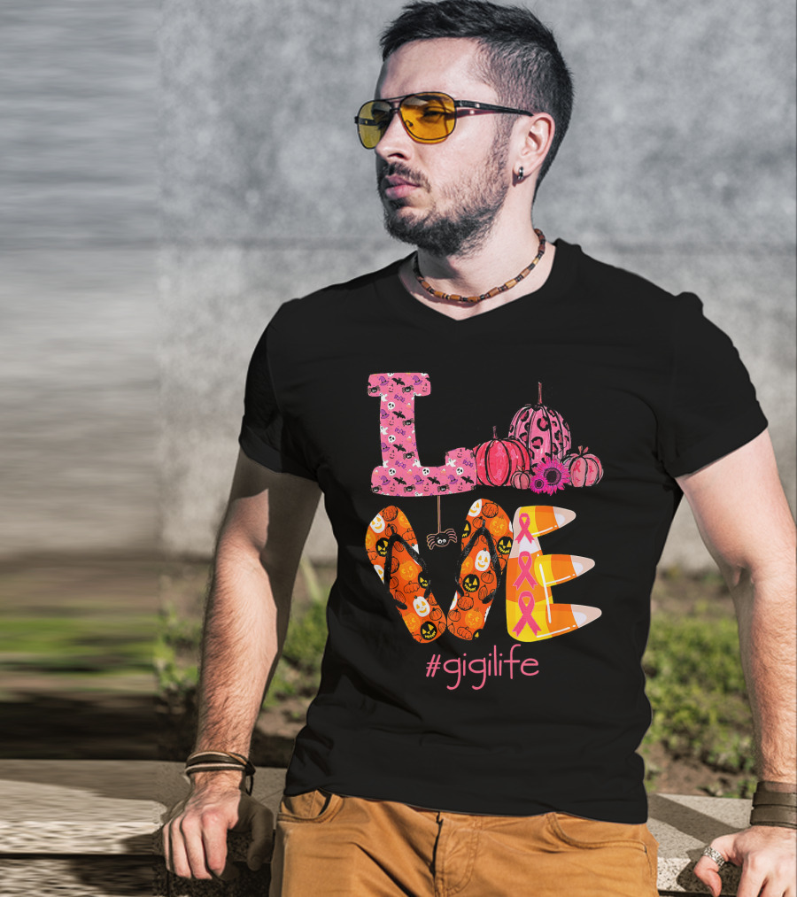 Love Halloween Pumpkin Breast Cancer Awareness #gigilife T-Shirt