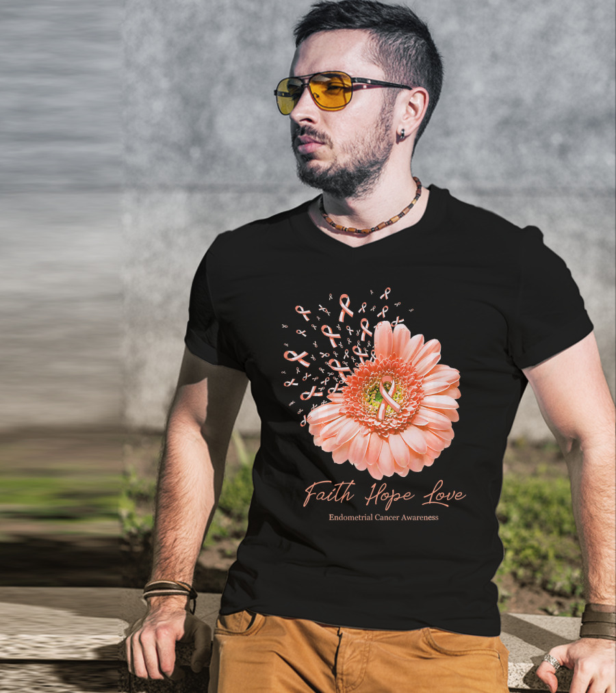 Faith Hope Love Endometrial Cancer Awareness Pink Ribbon Flower T-Shirt
