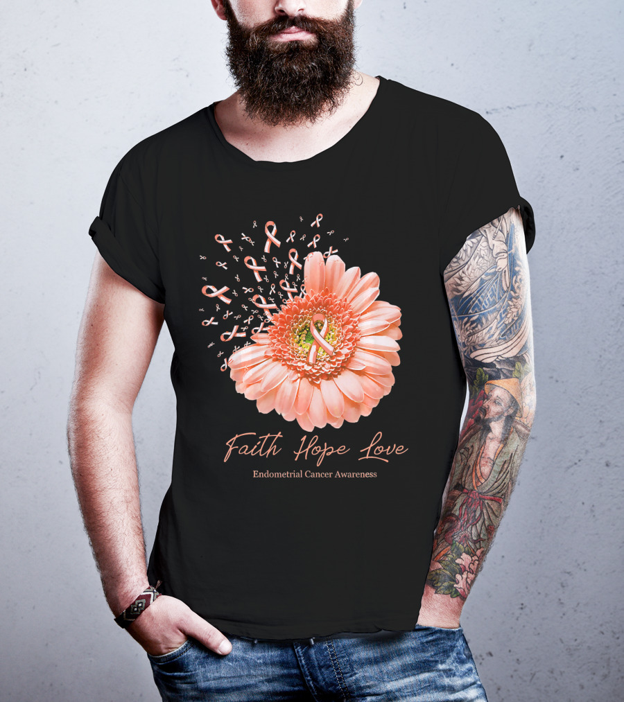 Faith Hope Love Endometrial Cancer Awareness Pink Ribbon Flower T-Shirt