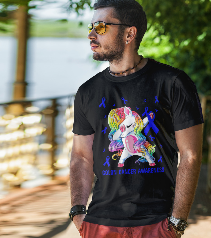 Colon Cancer Awareness Unicorn Dabbing With Blue Ribbons T-Shirt