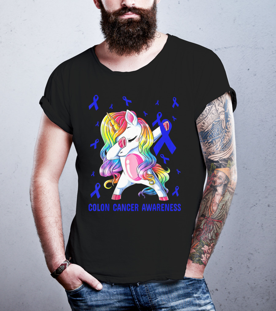 Colon Cancer Awareness Unicorn Dabbing With Blue Ribbons T-Shirt