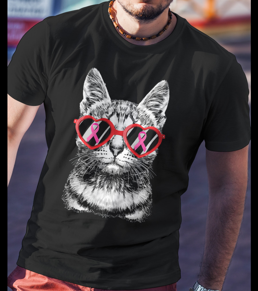 Breast Cancer Awareness Pink Ribbon Cat Heart Glasses Costume T-Shirt
