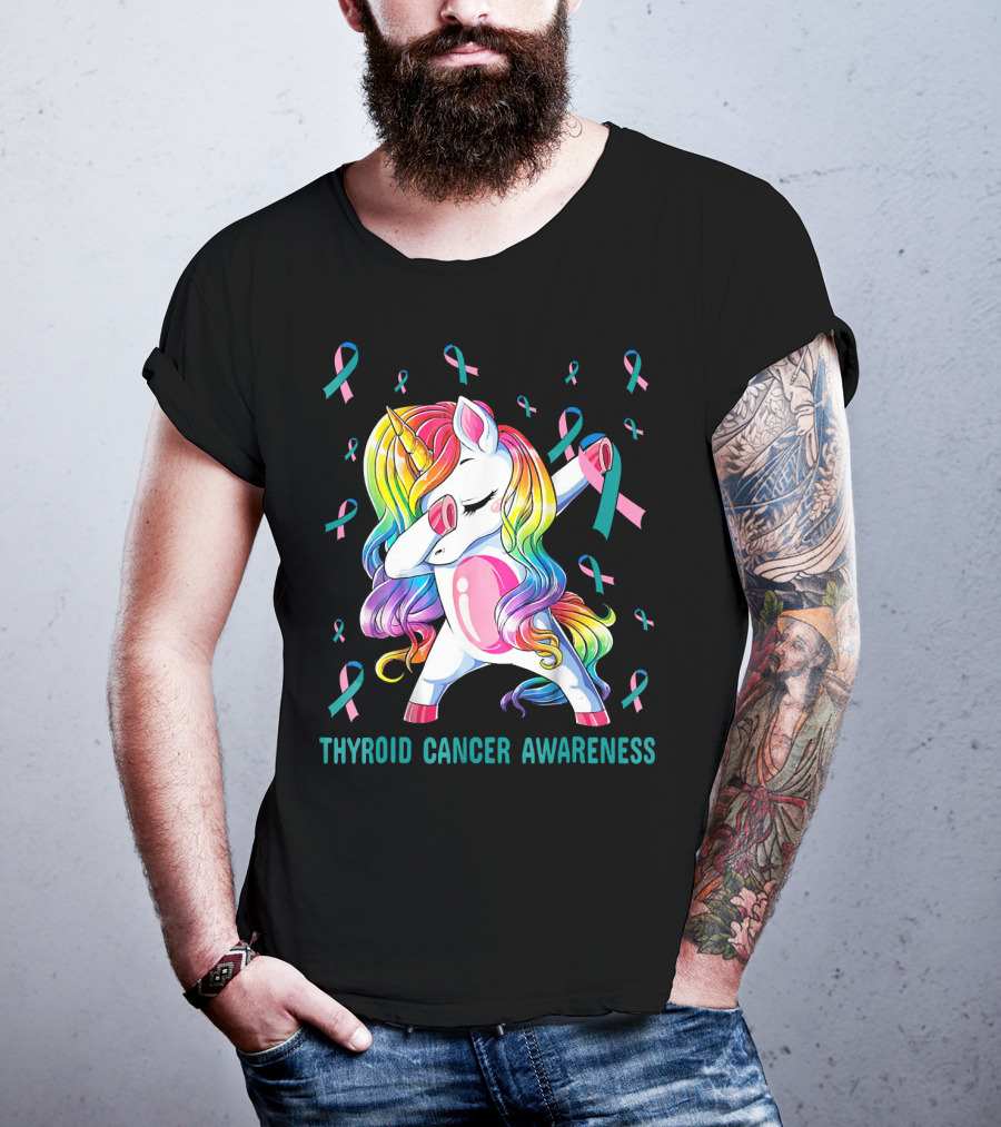 Dabbing Unicorn Rainbow Thyroid Cancer Awareness T-Shirt