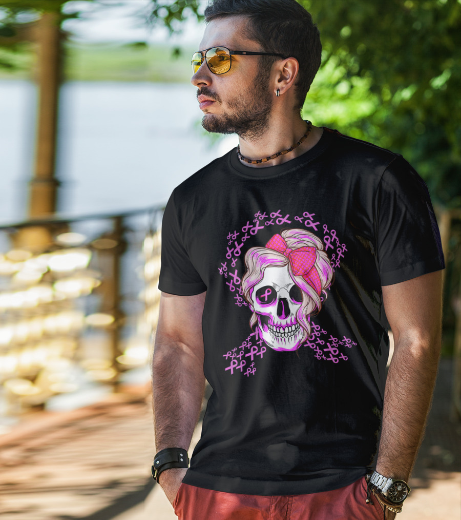 Sugar Skull Pink Ribbon Breast Cancer Awareness T-Shirt