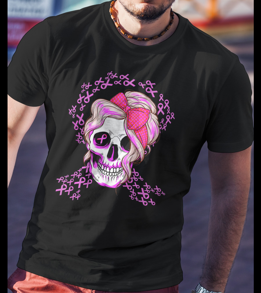 Sugar Skull Pink Ribbon Breast Cancer Awareness T-Shirt