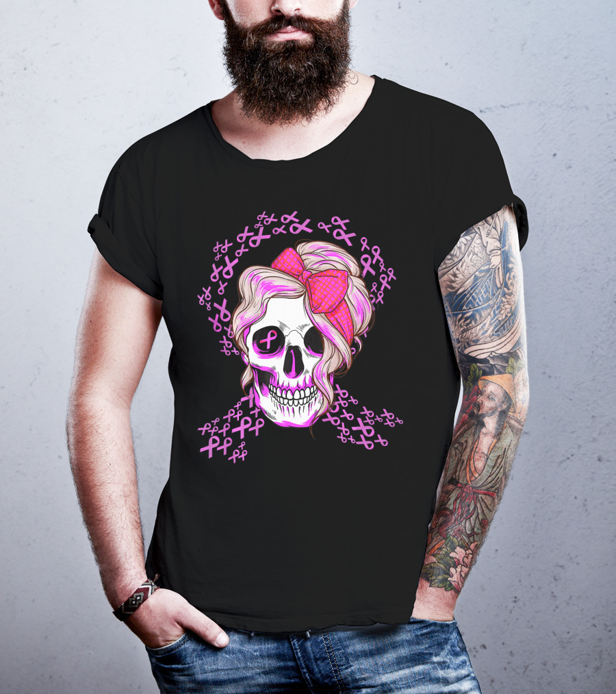 Sugar Skull Pink Ribbon Breast Cancer Awareness T-Shirt