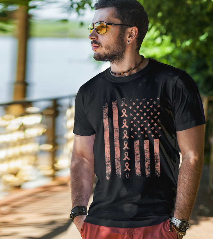 Uterine Cancer Awareness Ribbon American Flag Peac T-Shirt