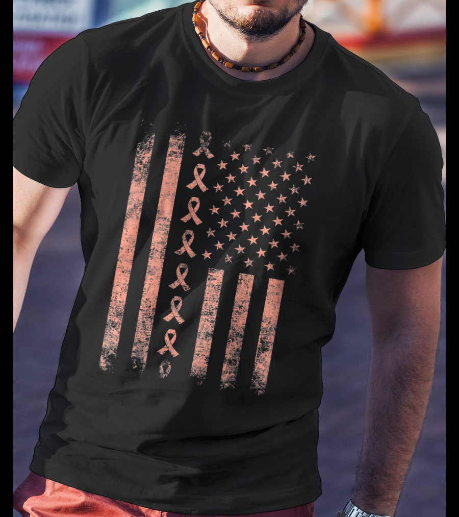 Uterine Cancer Awareness Ribbon American Flag Peac T-Shirt