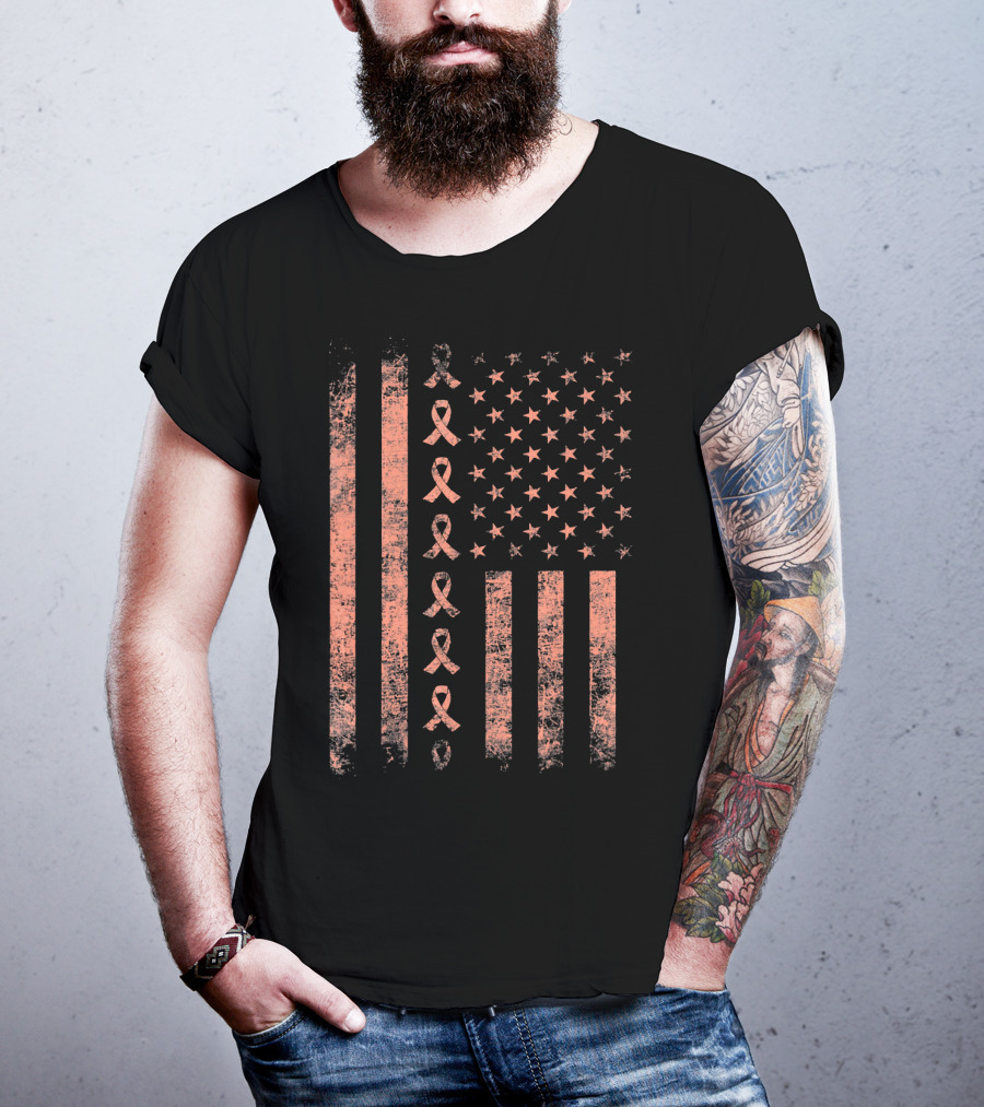 Uterine Cancer Awareness Ribbon American Flag Peac T-Shirt