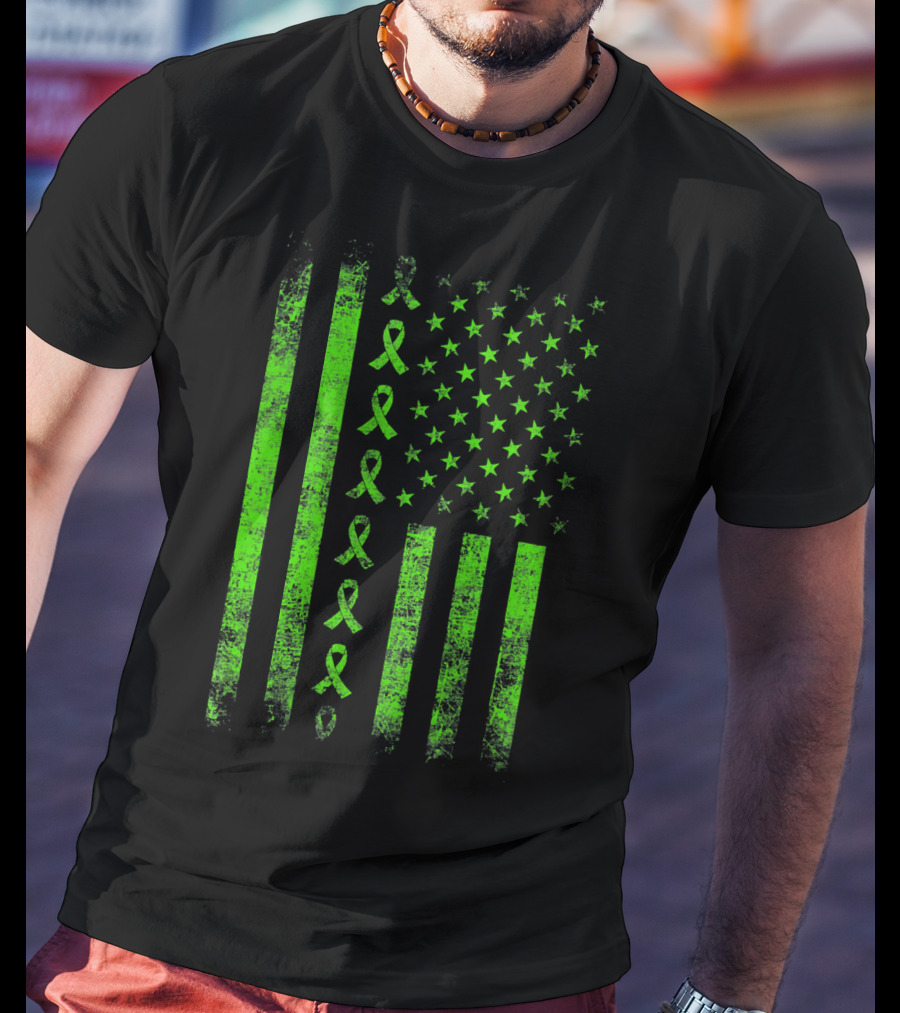 Lymphoma Cancer Awareness Lime Green Ribbon American Flag T-Shirt