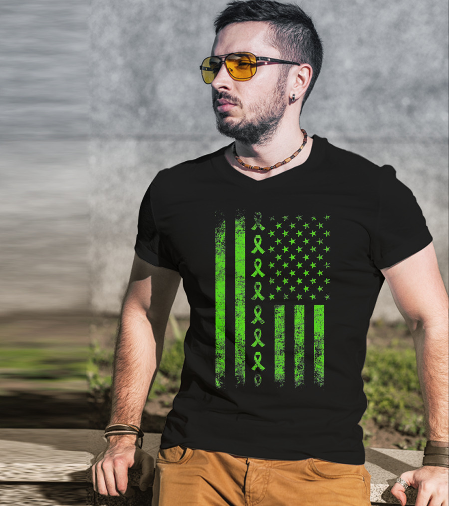 Lymphoma Cancer Awareness Lime Green Ribbon American Flag T-Shirt