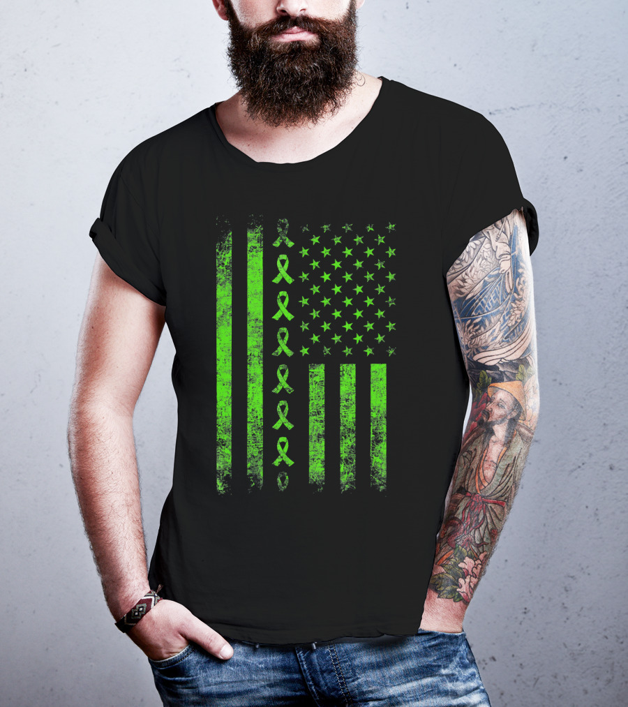 Lymphoma Cancer Awareness Lime Green Ribbon American Flag T-Shirt