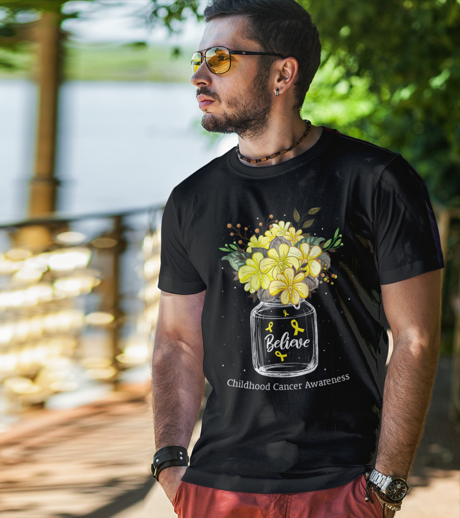 Believe Yellow Ribbon Childhood Cancer Awareness Flower Bouquet T-Shirt