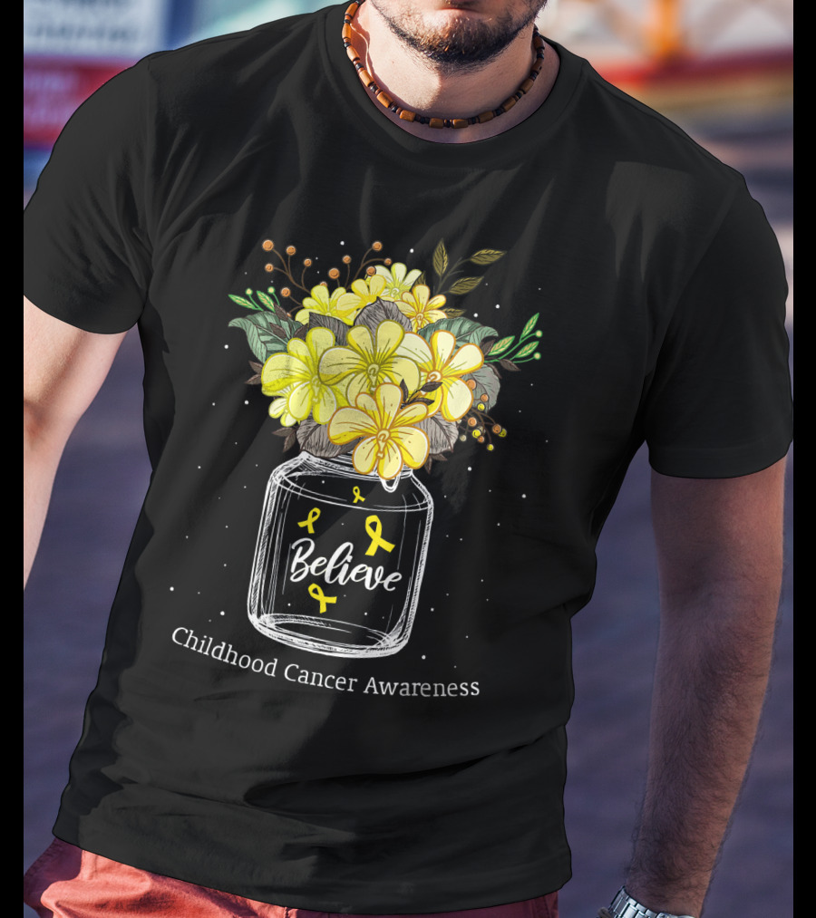 Believe Yellow Ribbon Childhood Cancer Awareness Flower Bouquet T-Shirt