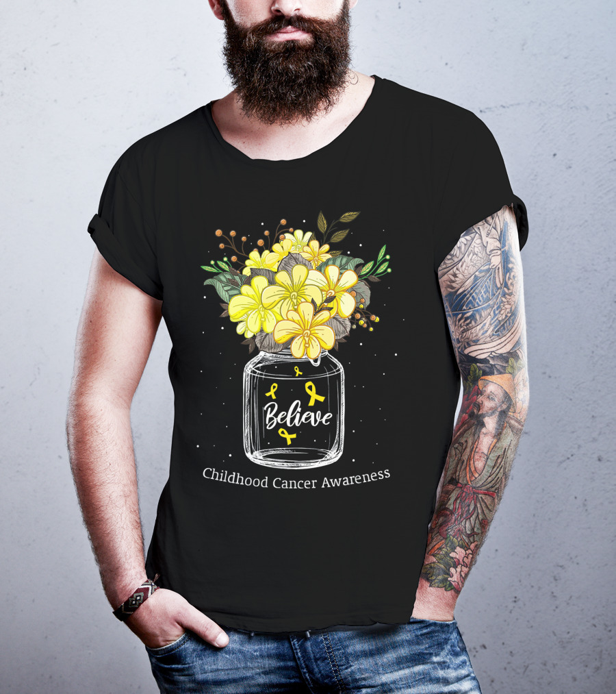 Believe Yellow Ribbon Childhood Cancer Awareness Flower Bouquet T-Shirt