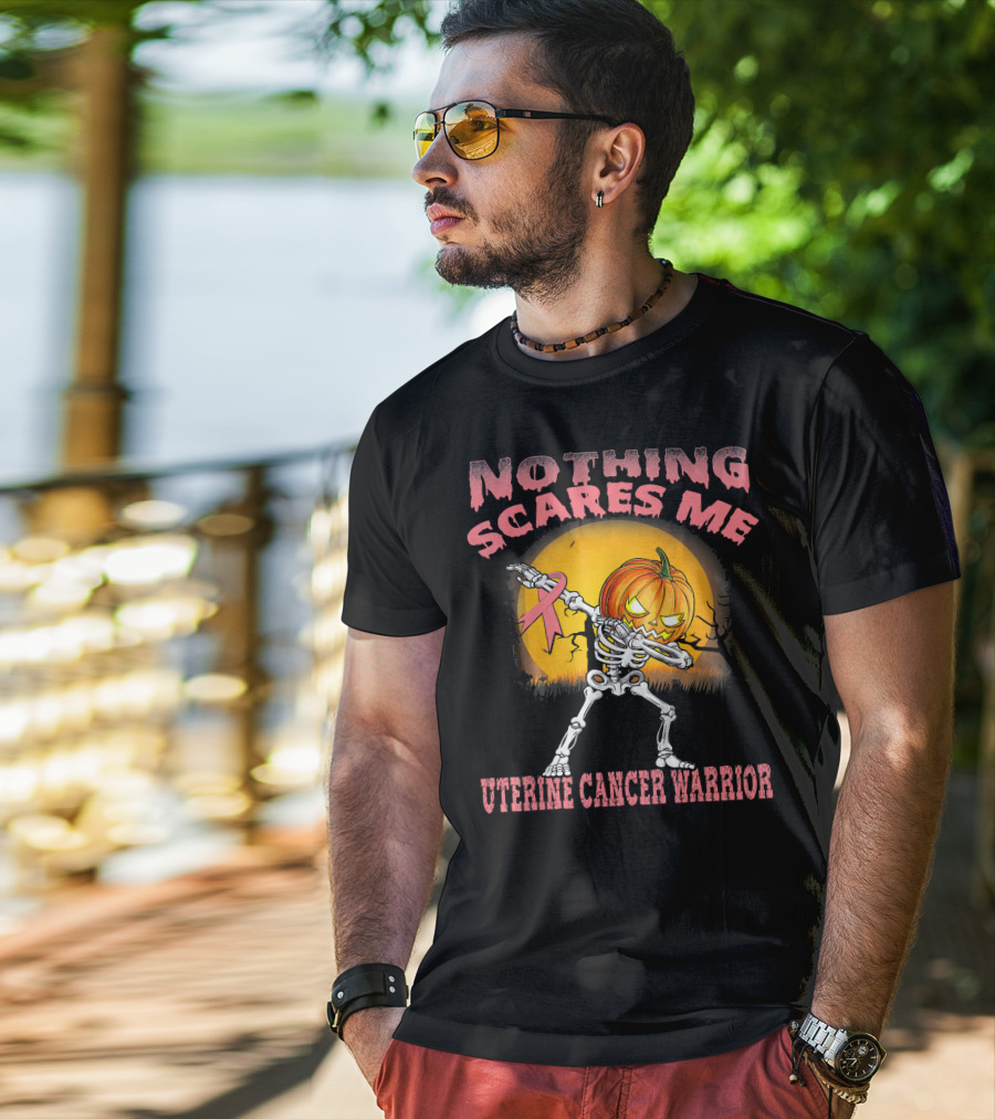 Nothing Scares Me Uterine Cancer Warrior Dabbing Skeleton Pumpkin T-Shirt