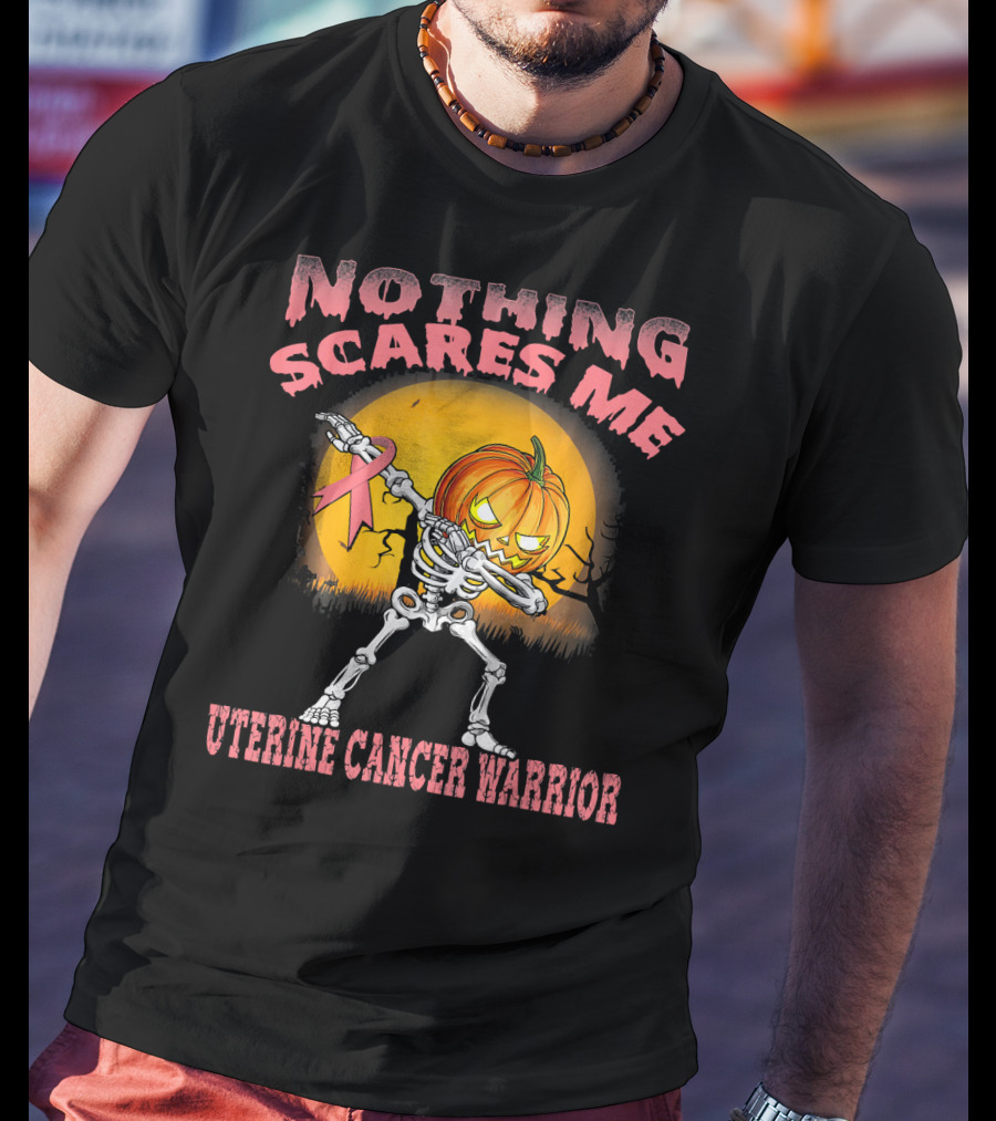 Nothing Scares Me Uterine Cancer Warrior Dabbing Skeleton Pumpkin T-Shirt