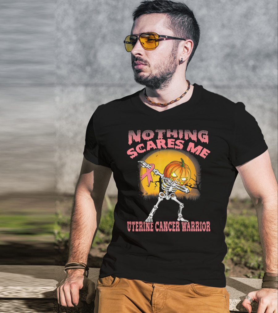 Nothing Scares Me Uterine Cancer Warrior Dabbing Skeleton Pumpkin T-Shirt