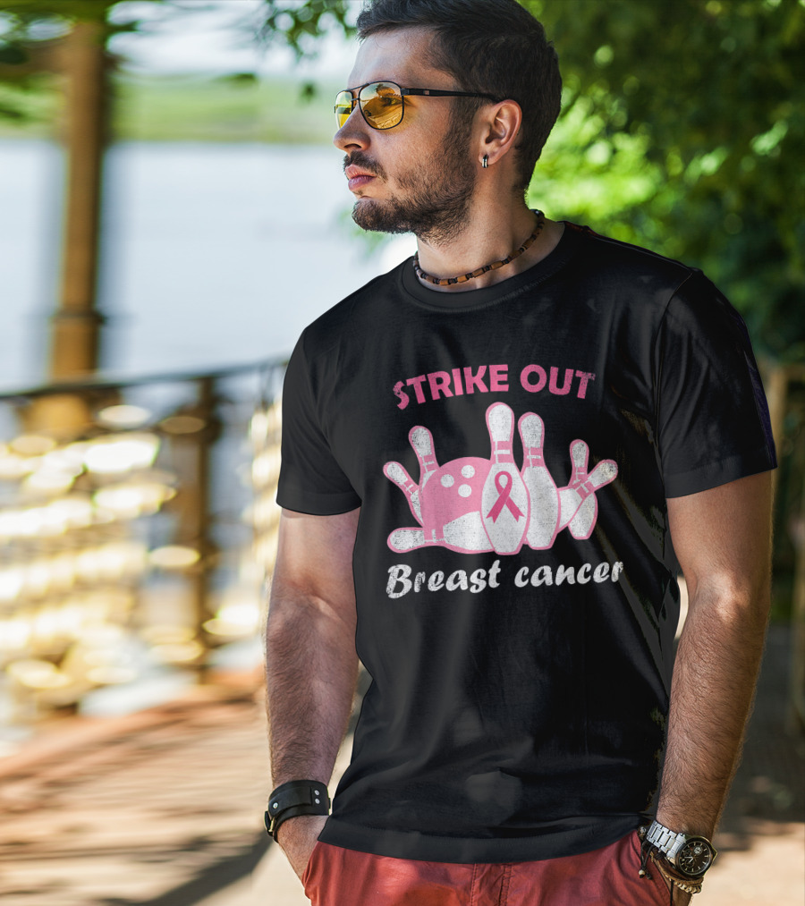 Strike Out Breast Cancer Pink Ribbon Bowling Pins And Ball T-Shirt