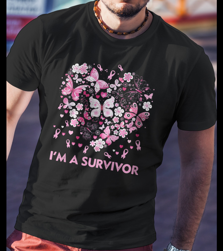I'm A Survivor Heart Pink Ribbon Butterfly Flowers T-Shirt