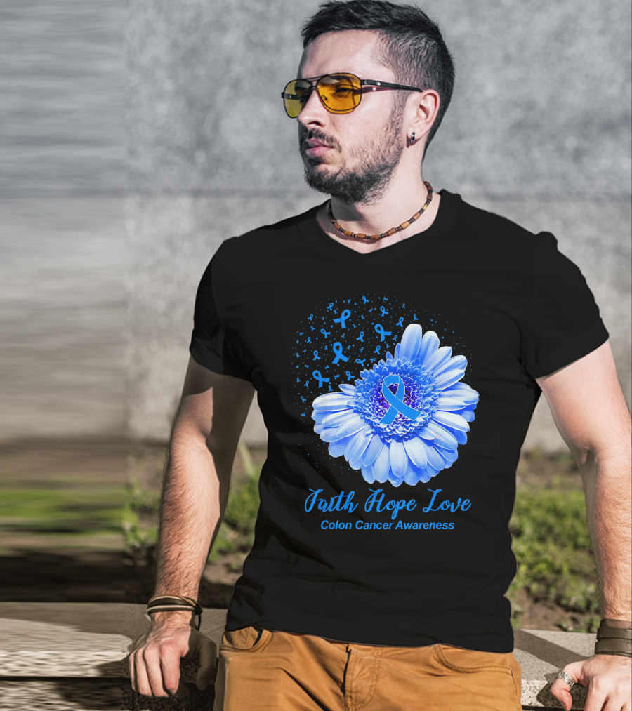 Faith Hope Love Colon Cancer Awareness Blue Ribbon Flower T-Shirt