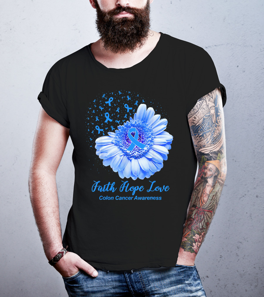 Faith Hope Love Colon Cancer Awareness Blue Ribbon Flower T-Shirt