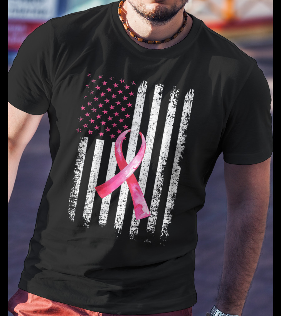Breast Cancer Awareness Pink Ribbon American Flag Fight T-Shirt