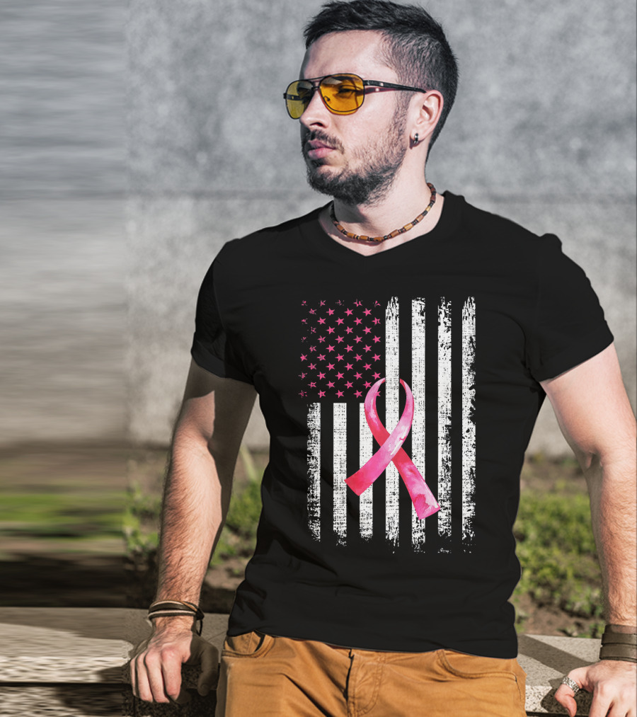 Breast Cancer Awareness Pink Ribbon American Flag Fight T-Shirt