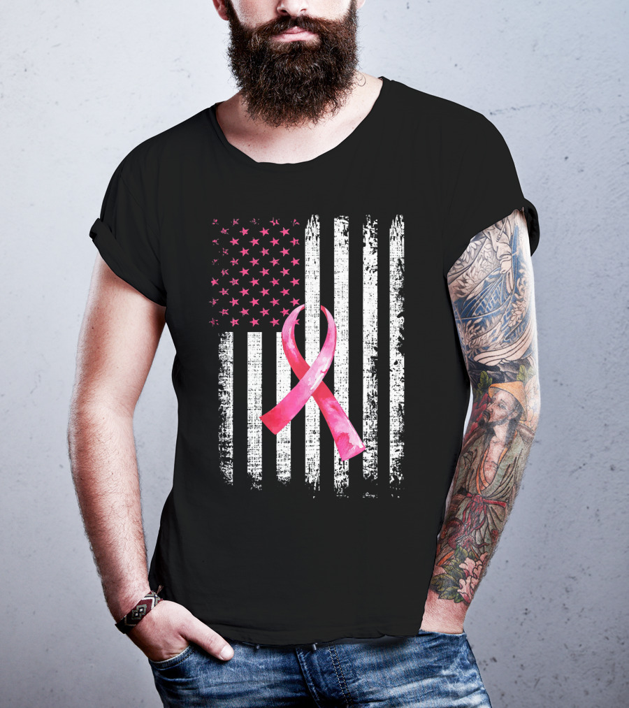 Breast Cancer Awareness Pink Ribbon American Flag Fight T-Shirt