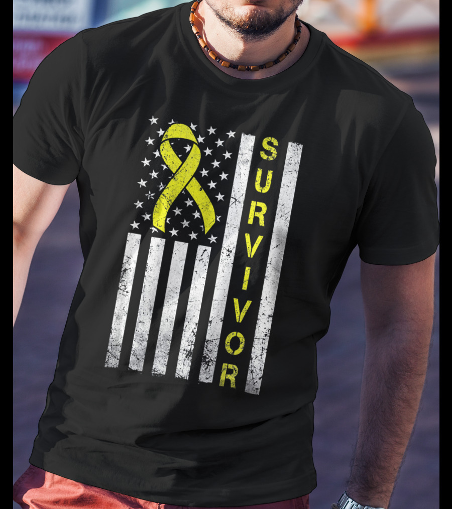 Survivor Yellow Ribbon USA Flag Childhood Cancer Awareness T-Shirt