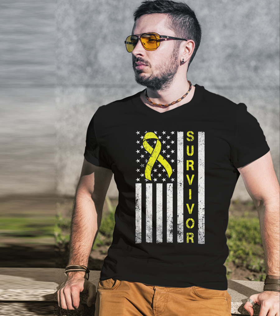 Survivor Yellow Ribbon USA Flag Childhood Cancer Awareness T-Shirt