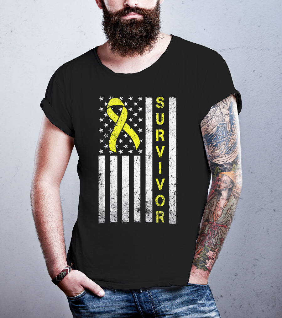 Survivor Yellow Ribbon USA Flag Childhood Cancer Awareness T-Shirt