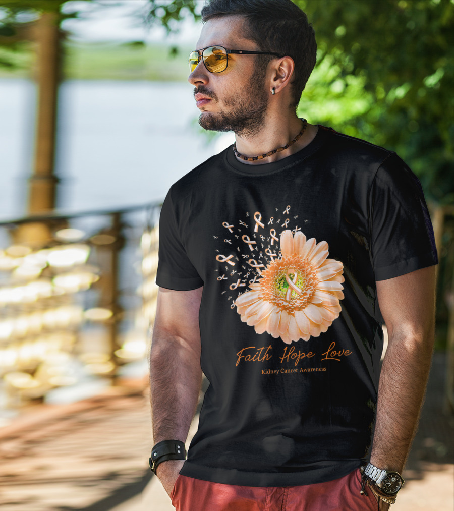 Faith Hope Love Kidney Cancer Awareness Orange Ribbon Flower T-Shirt