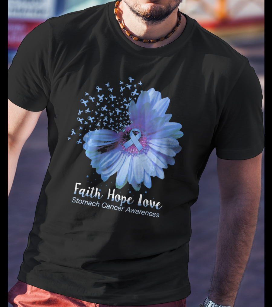 Faith Hope Love Stomach Cancer Awareness Blue Flower T-Shirt
