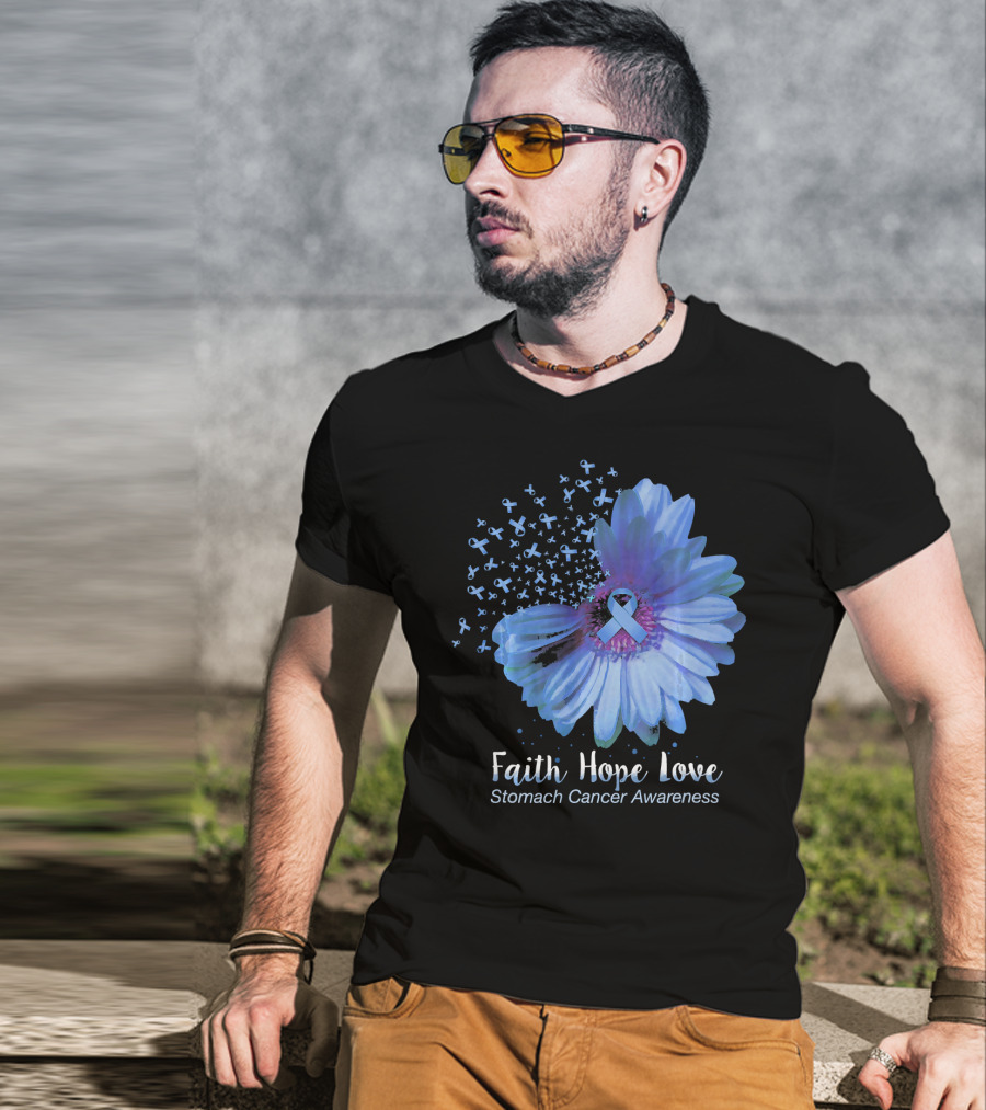 Faith Hope Love Stomach Cancer Awareness Blue Flower T-Shirt
