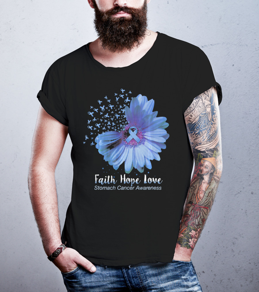 Faith Hope Love Stomach Cancer Awareness Blue Flower T-Shirt