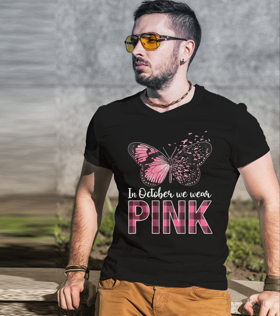 In October We Wear Pink Butterfly Breast Cancer Awareness T-Shirt