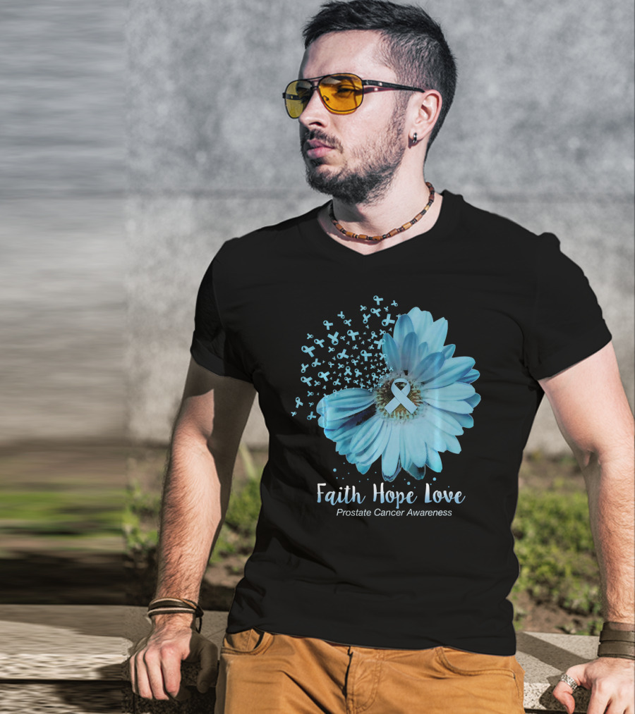Faith Hope Love Prostate Cancer Awareness Blue Ribbon Flower T-Shirt