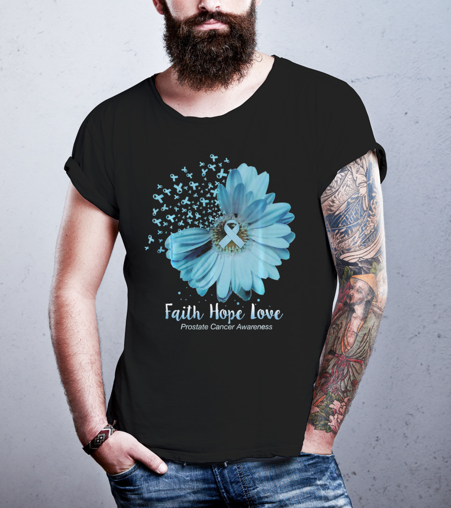Faith Hope Love Prostate Cancer Awareness Blue Ribbon Flower T-Shirt