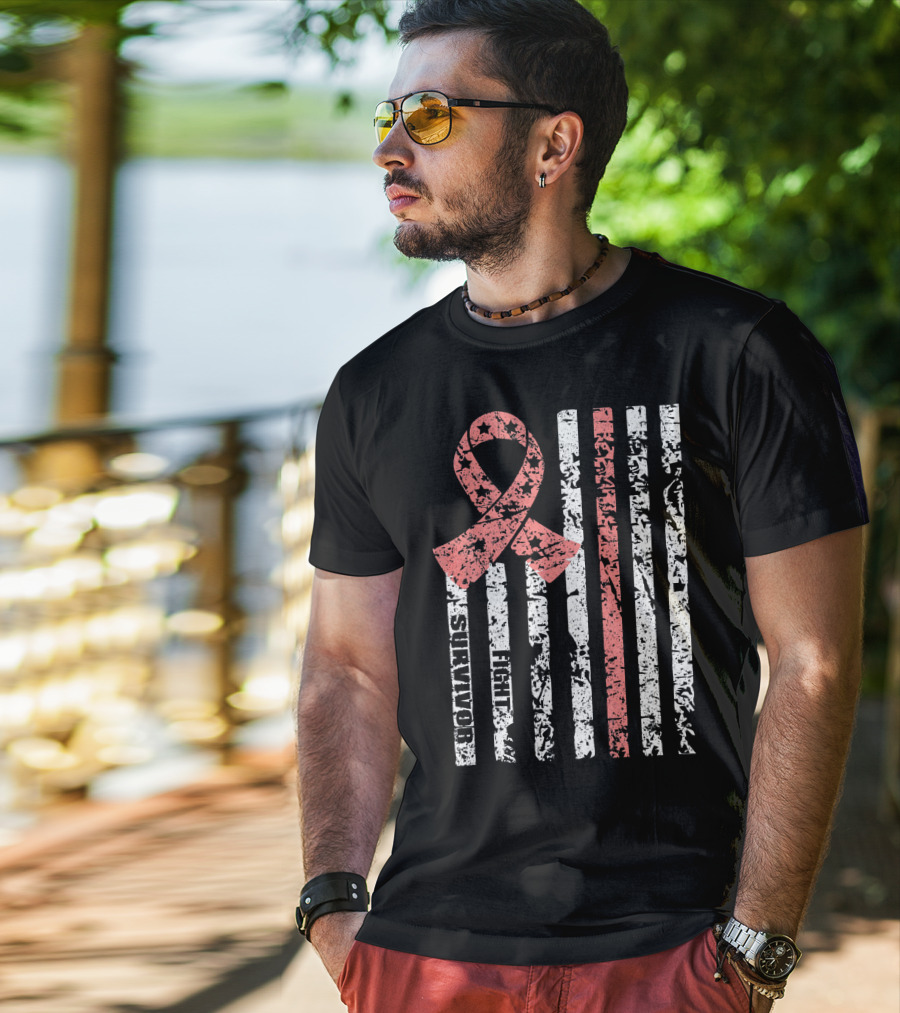 Cool Uterine Cancer Awareness Survivor Fight Ribbon Flag T-Shirt