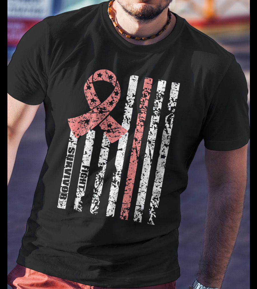 Cool Uterine Cancer Awareness Survivor Fight Ribbon Flag T-Shirt